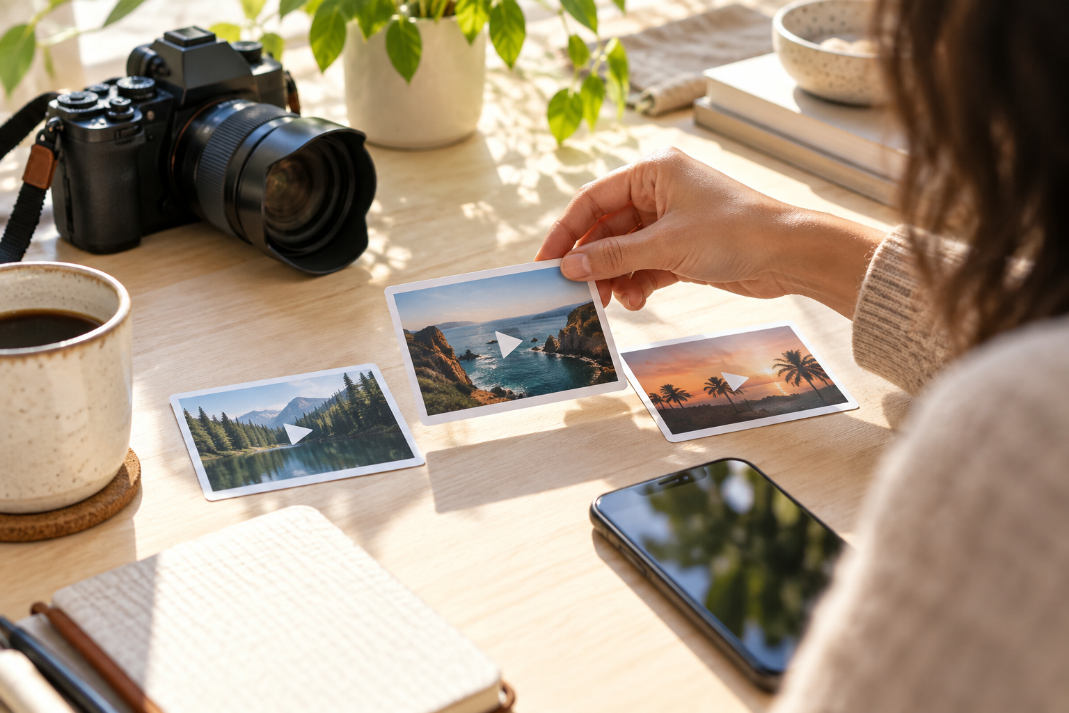 A creator selecting a source video clip beside a bright editing workspace