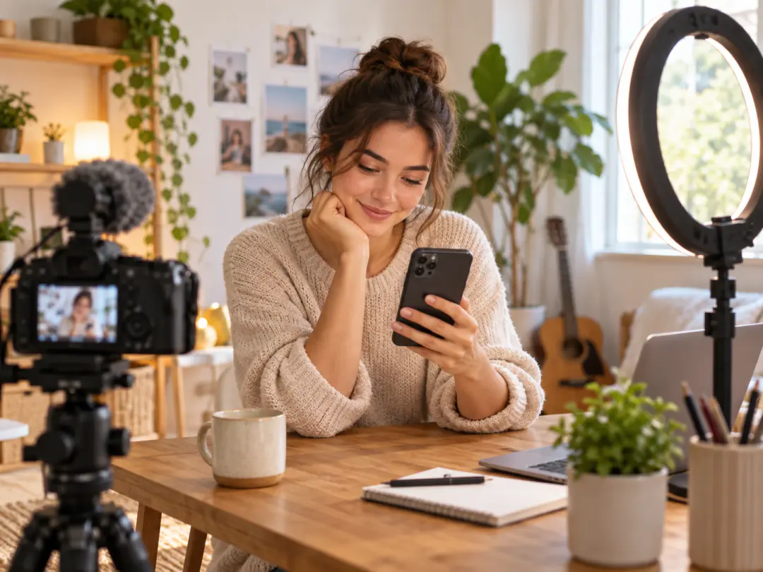 Social creator reviewing a bright short video in a personal studio