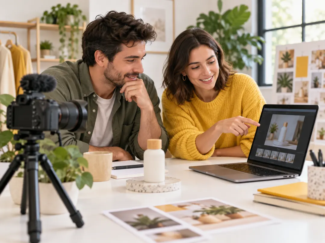 Marketing team discussing a product video variation in a daylight studio