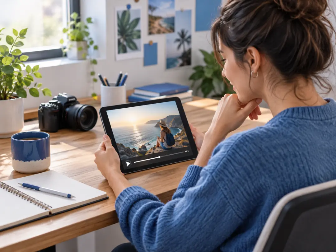 Community manager checking a finished social clip at a bright desk