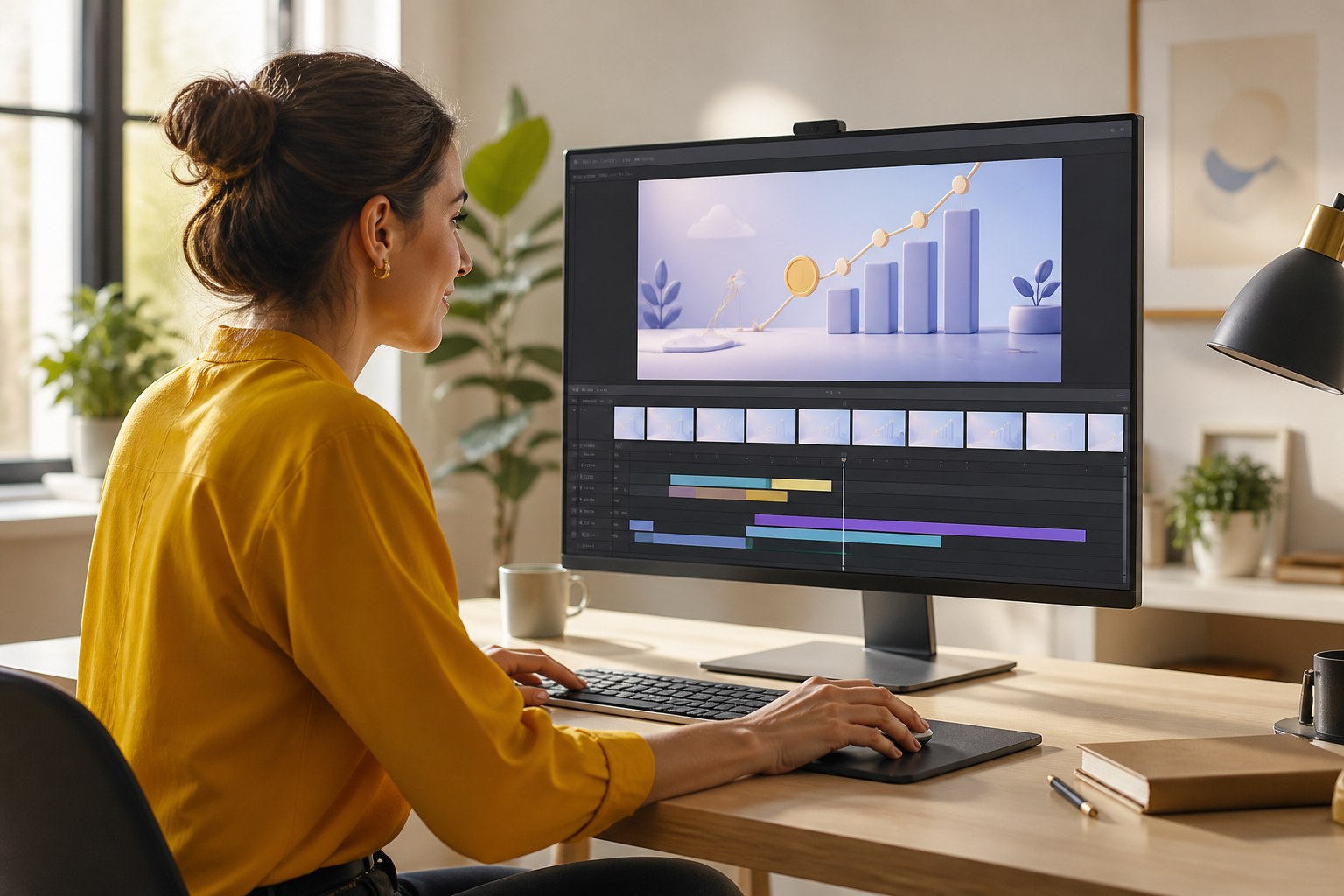 Workspace with logo, reference visuals, voiceover, music, and timed scenes