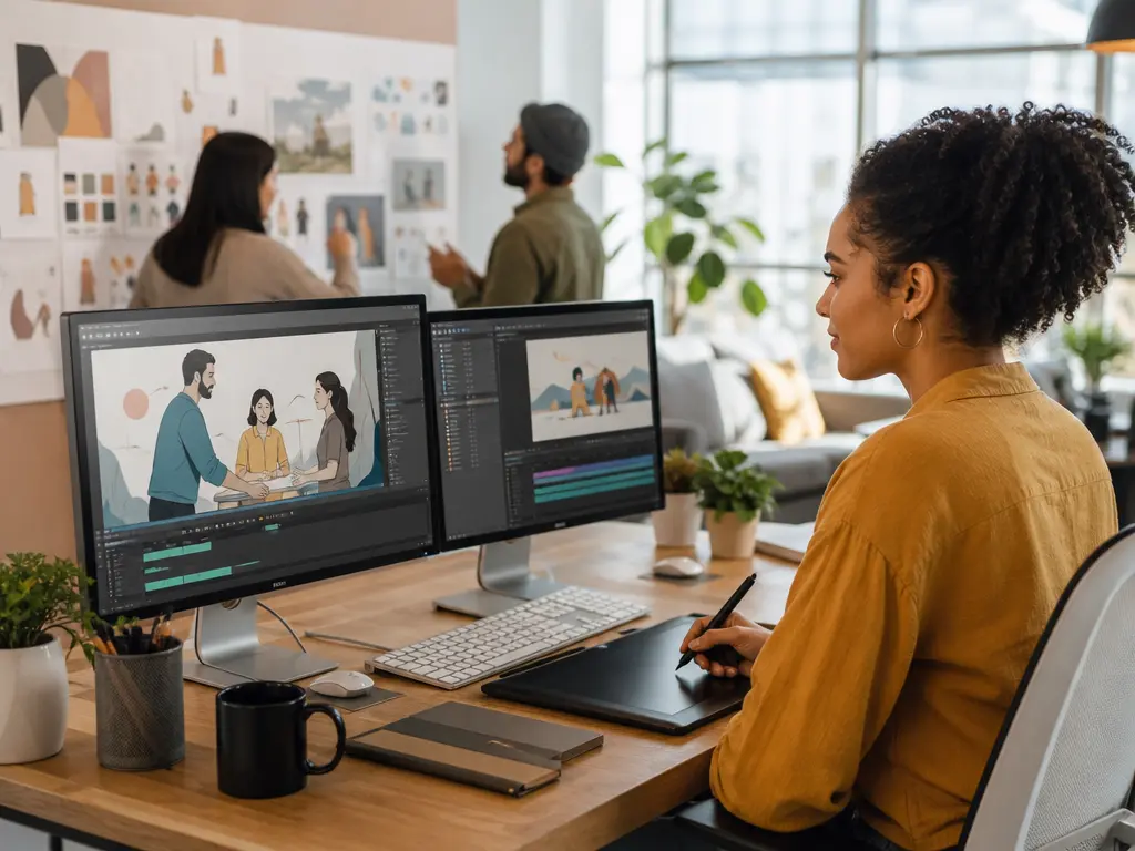 Small business team planning a service animation with logo and scene notes