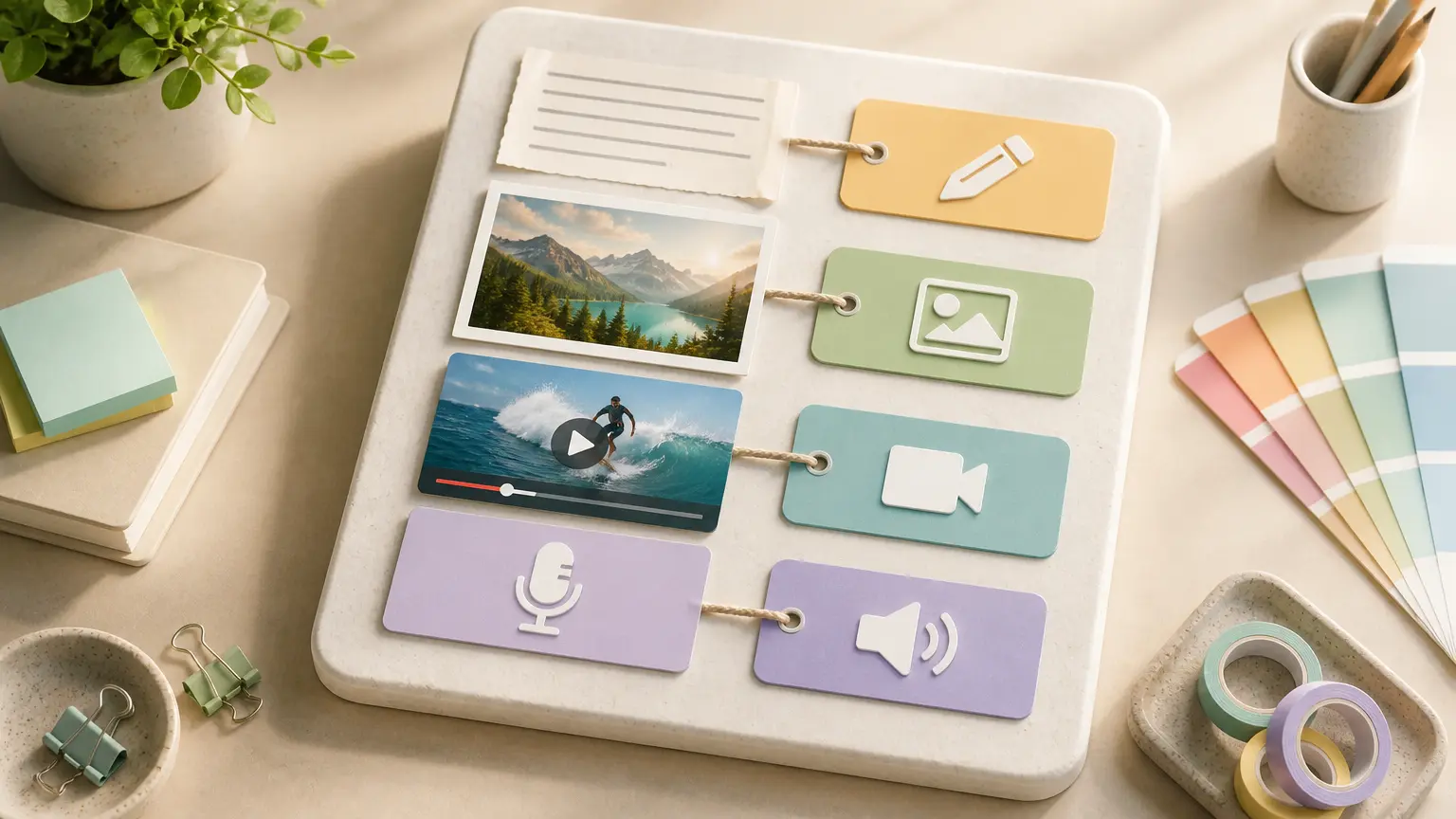 Workspace showing text, image, video, and audio references with assigned roles