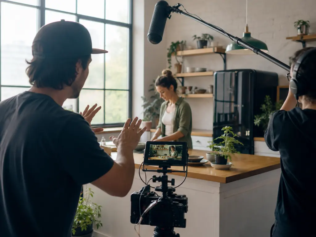 Video creator directing a scene with a prompt, camera, motion, and sound