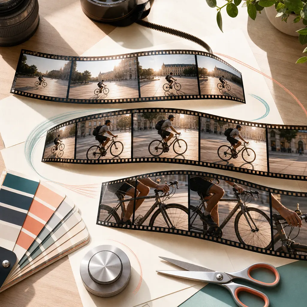 Overhead video production desk with film strips showing a cyclist in motion, color swatches, an editing dial, and scissors