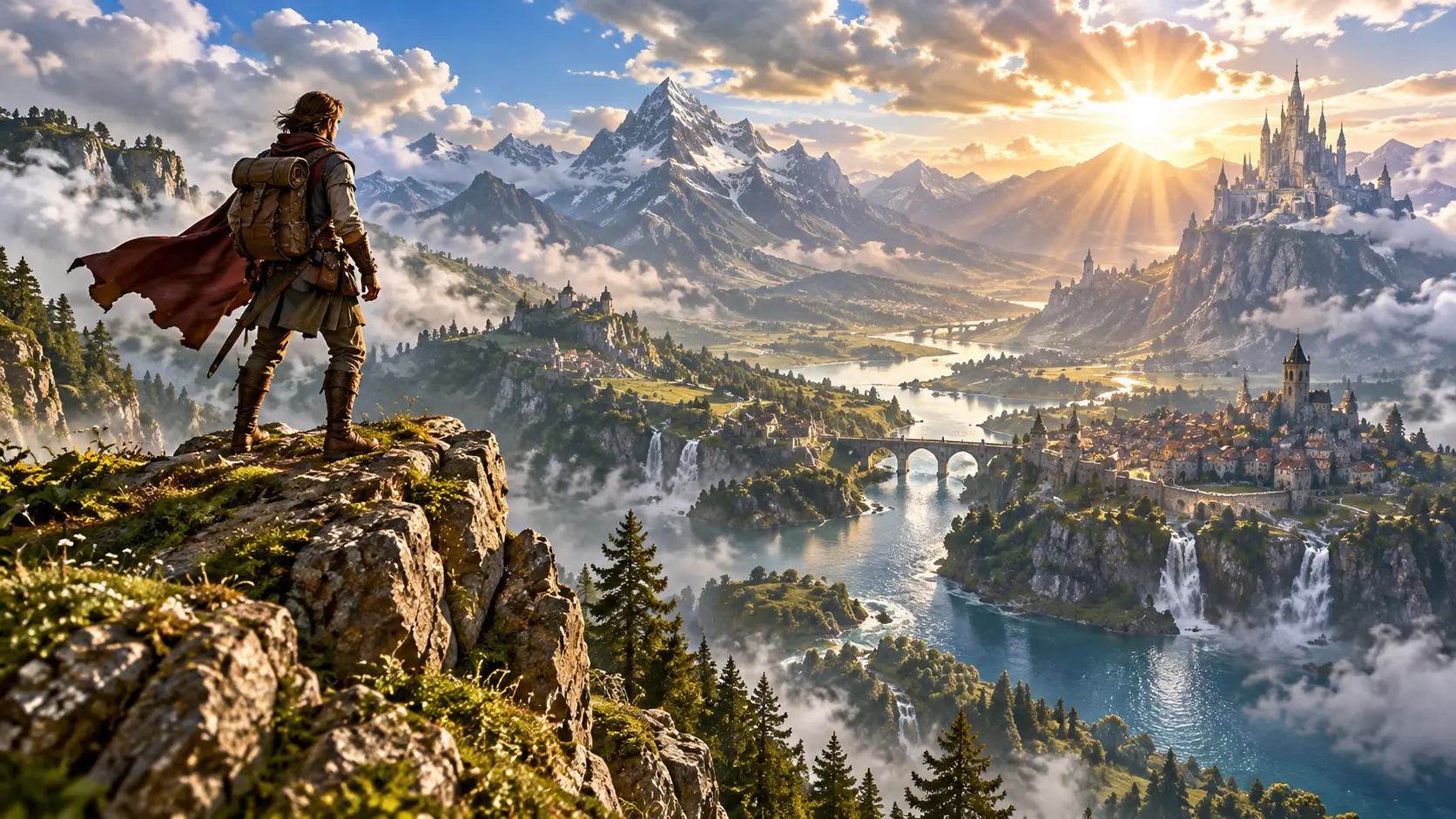 Original fantasy game world shown in a cinematic trailer frame