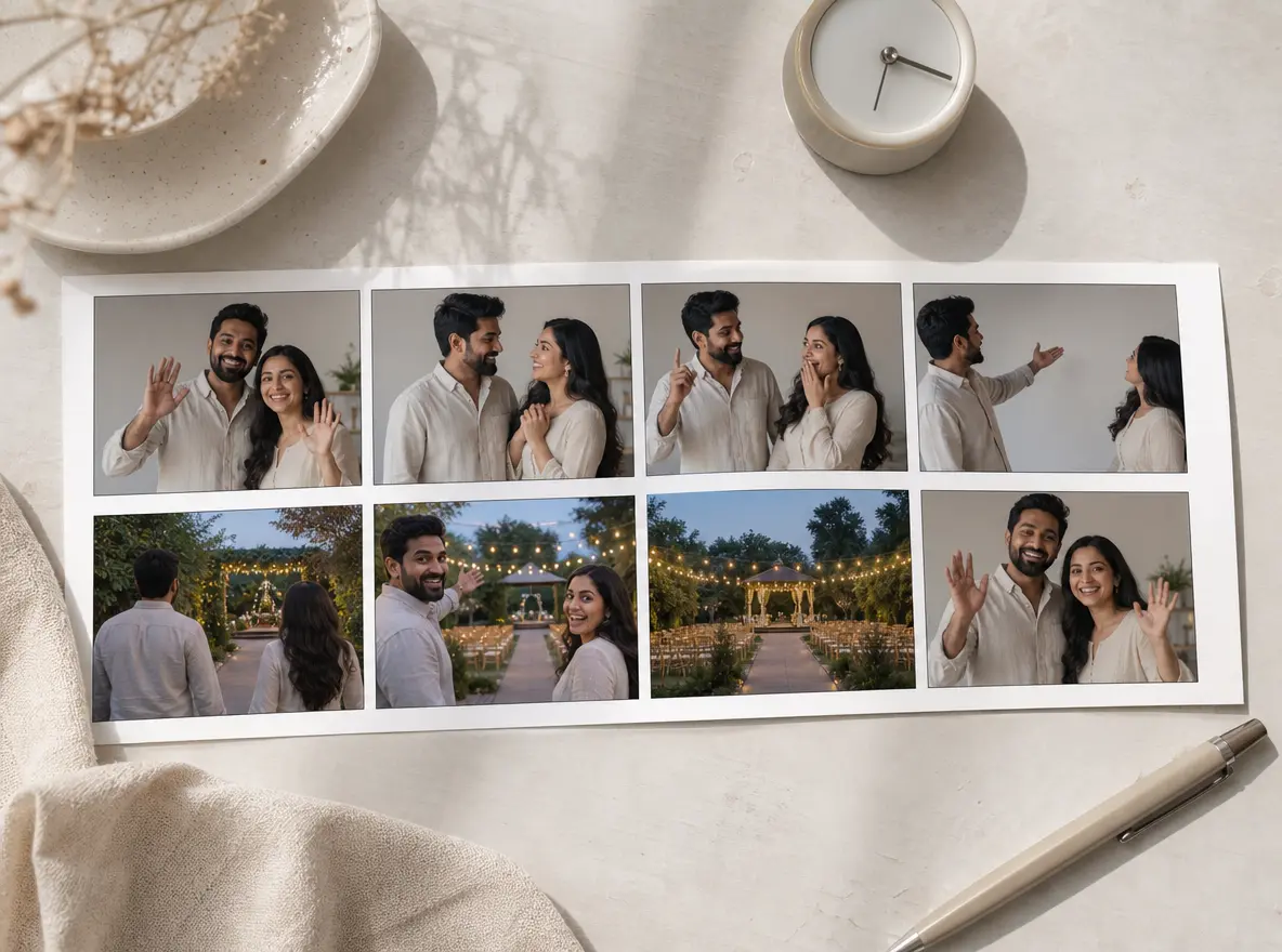 Storyboard with second based scenes, couple photo, date title, and motion notes