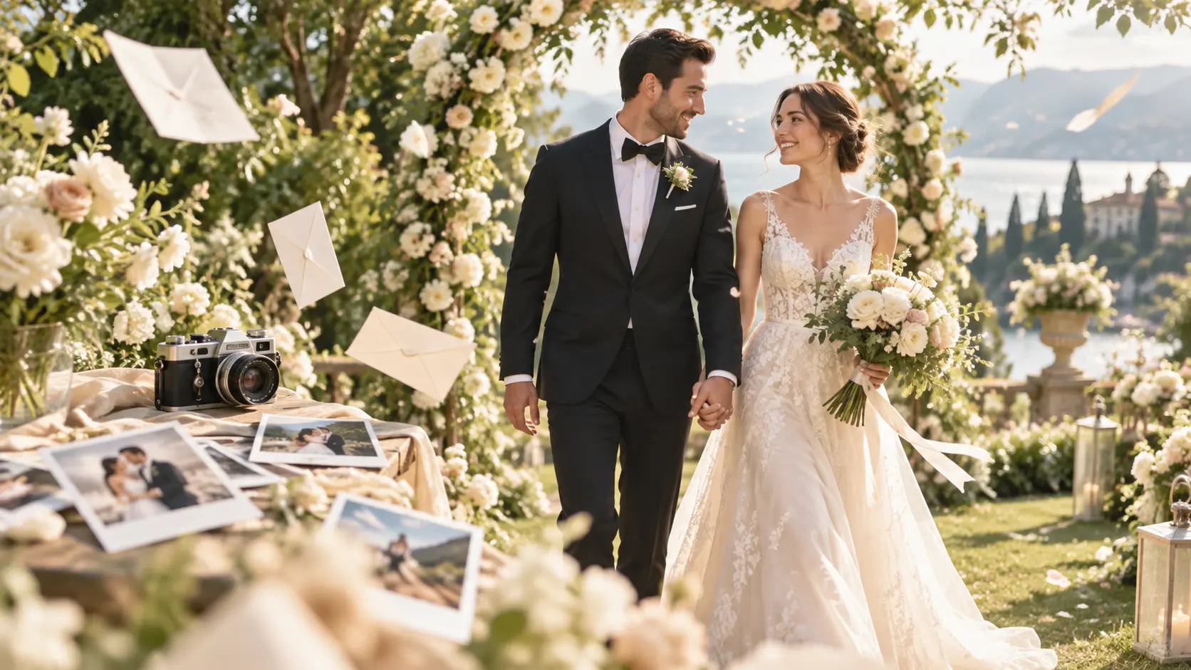 Wedding invitation video with couple photos, date text, and soft music direction