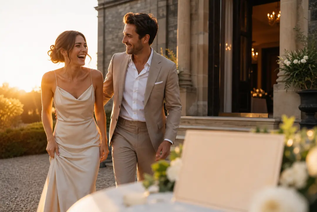 Couple sharing a warm save the date video moment with wedding details implied by the scene