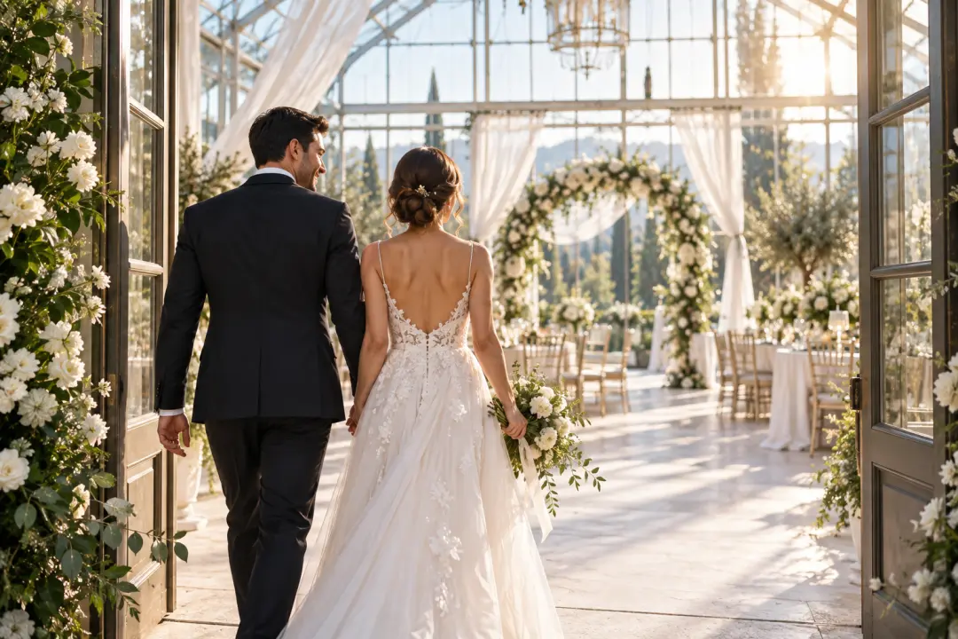Digital wedding invitation video scene built from couple photos and a graceful venue mood