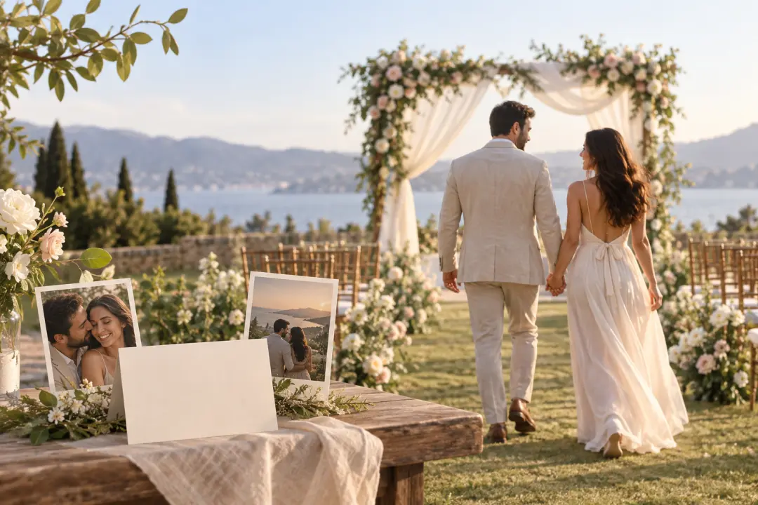 Elegant save the date invitation scene centered on a couple and their upcoming celebration