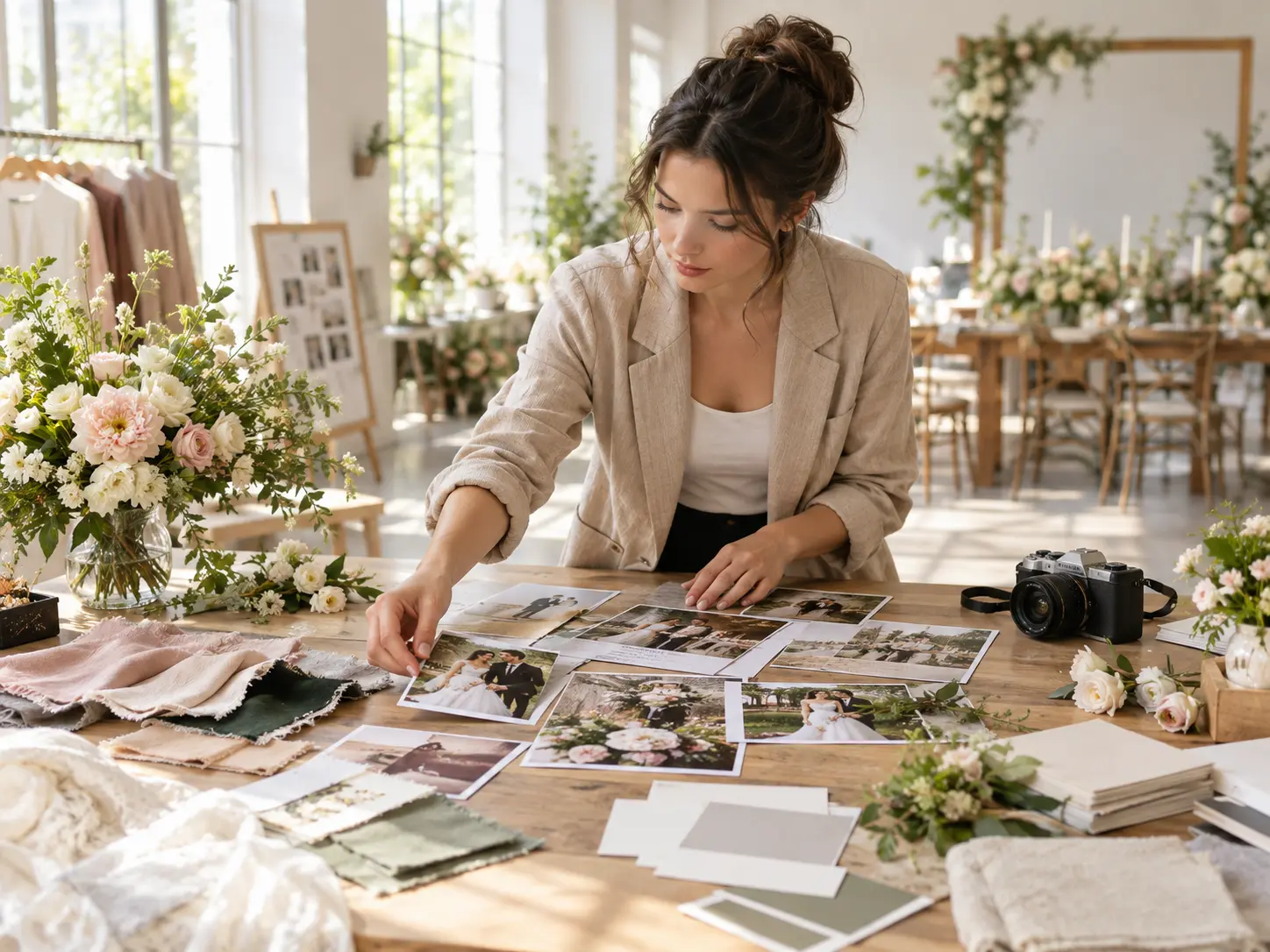 Wedding planner arranging couple photos, date text, and venue mood for a video invite