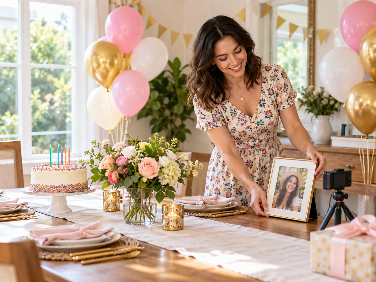 Birthday host selecting a portrait, party date, and music mood for a video invite