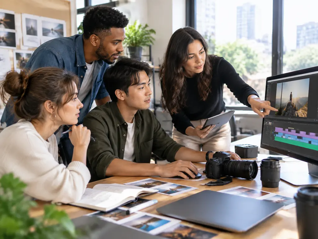 Marketing team preparing campaign video references and voice over direction