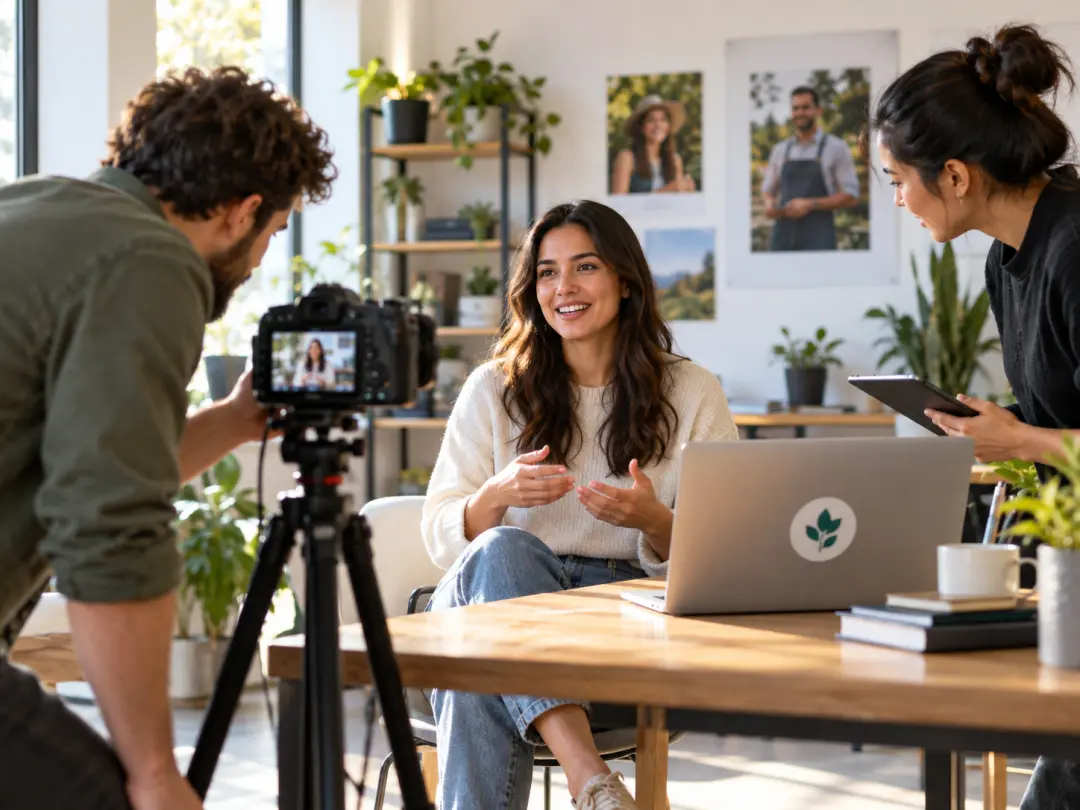 Customer stories using a shared template, customer photos, and brand logo