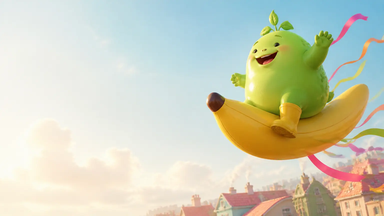 Original green fantasy mascot flying on an inflatable banana through a bright celebratory sky