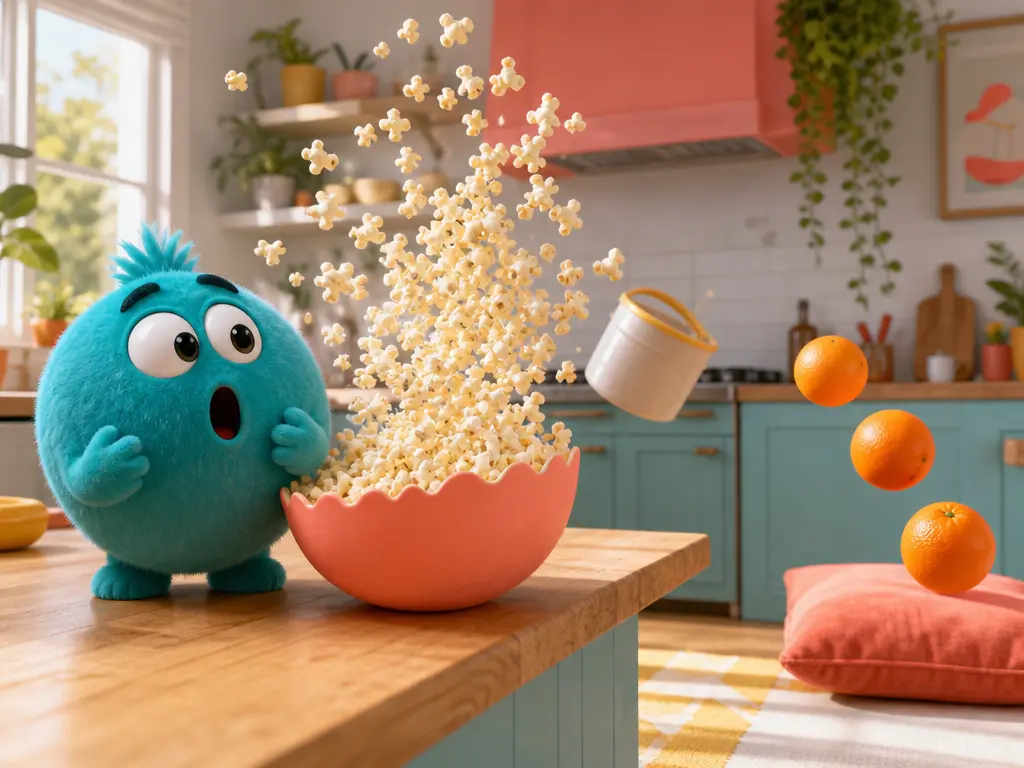 Playful chain reaction with a mascot, popcorn burst, falling bucket, and airborne fruit