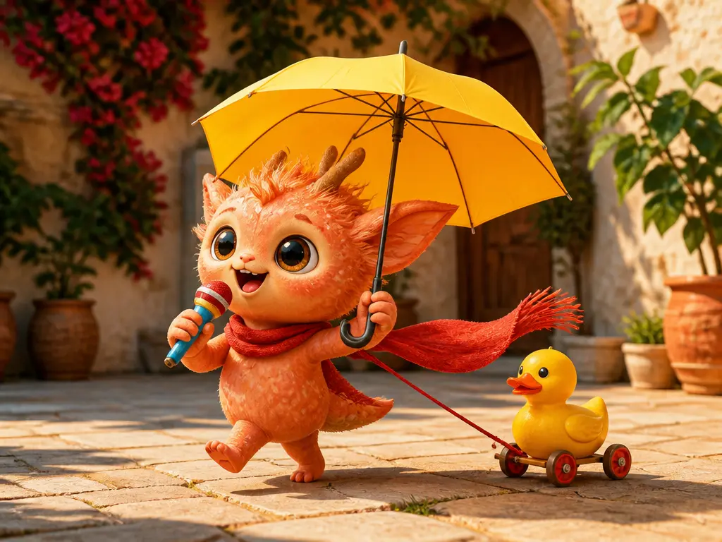 Original mascot scene combining a yellow umbrella, red scarf, rubber duck, and toy microphone