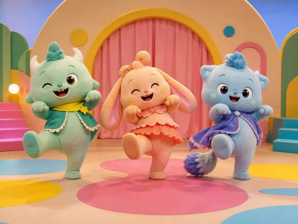 Three differently styled original mascots performing one comic dance scene on a bright set