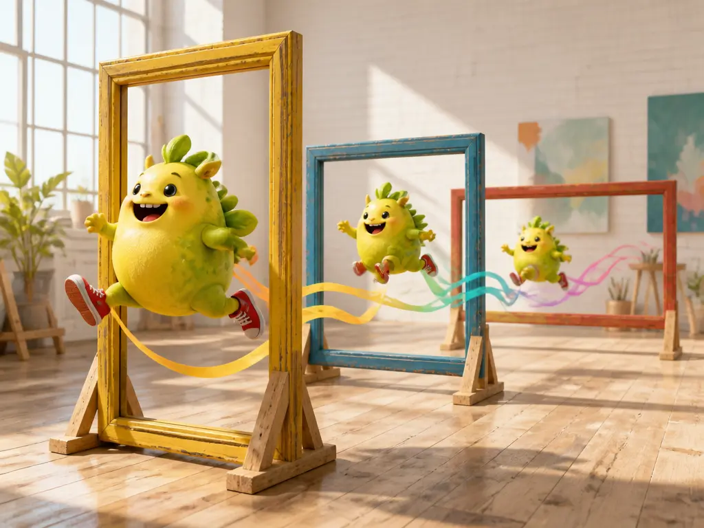 Original mascot leaping through freestanding portrait, square, and landscape frames for social video formats