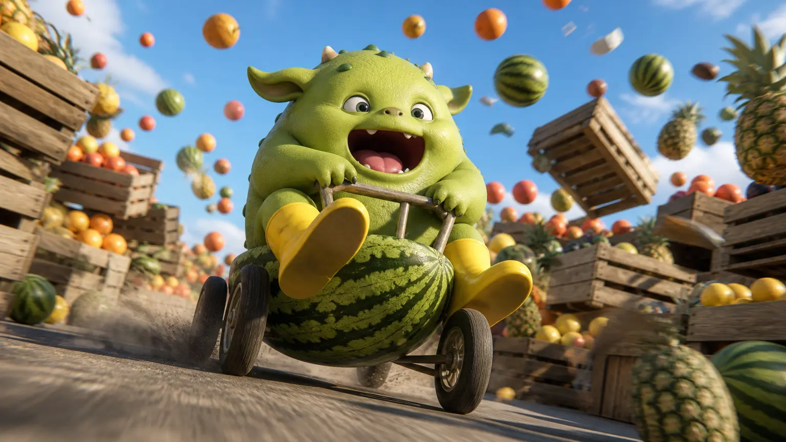 Original round green fantasy mascot riding a runaway watermelon cart through a bright grocery aisle