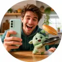Social creator filming an original mascot performing a funny kitchen stunt