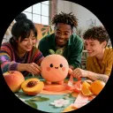 Small creative team building a playful mascot short on a colorful tabletop set