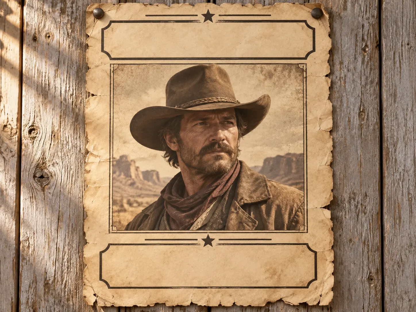 Vintage western wanted poster design with an original cowboy portrait, aged paper, and open headline space
