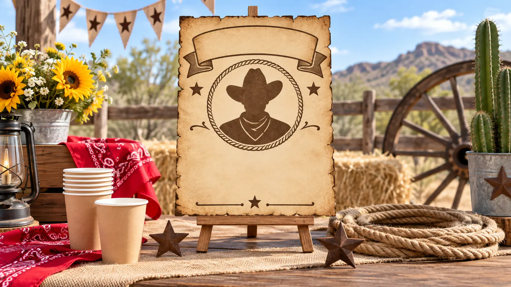 Western party table with a custom wanted poster prop and celebration decorations
