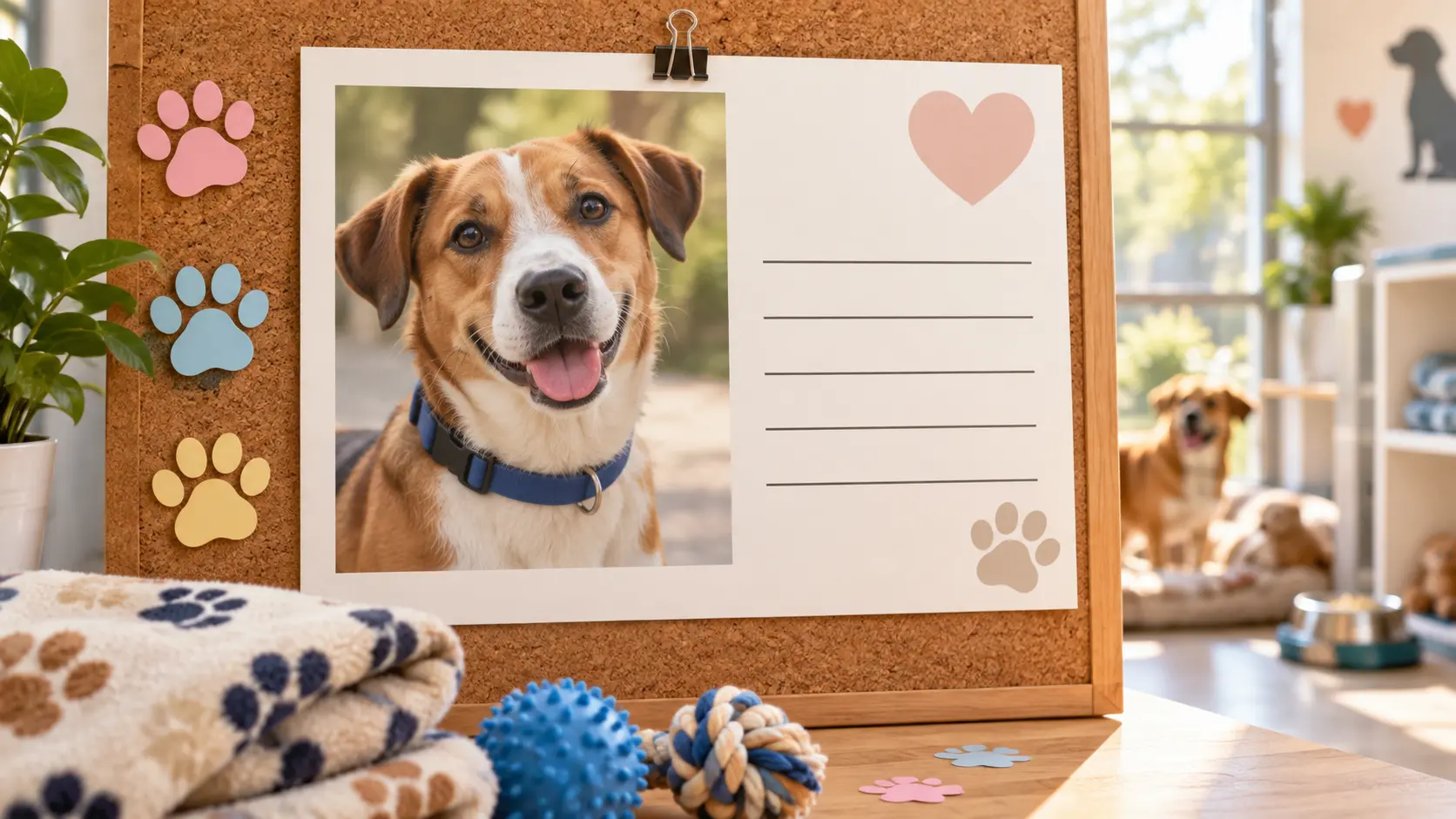 Playful pet adoption notice with a dog portrait and western paper texture