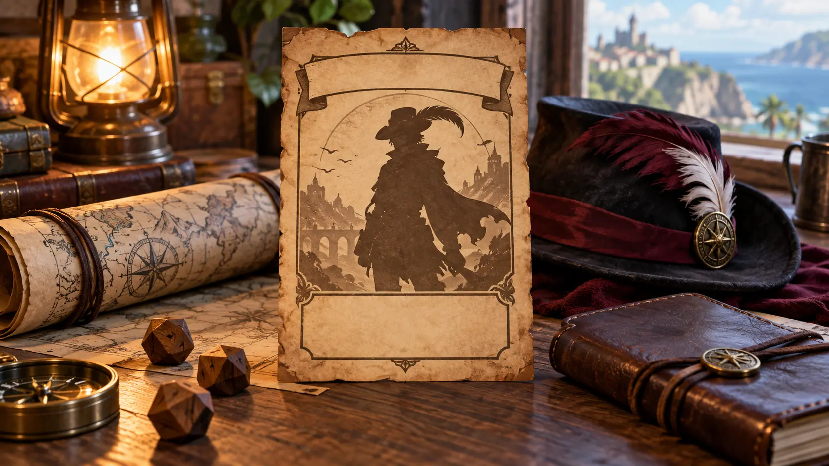 Fantasy character bounty notice displayed beside game pieces and story notes