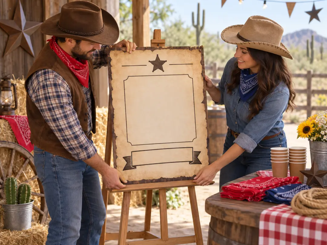 Event hosts setting up a blank western poster as a party prop