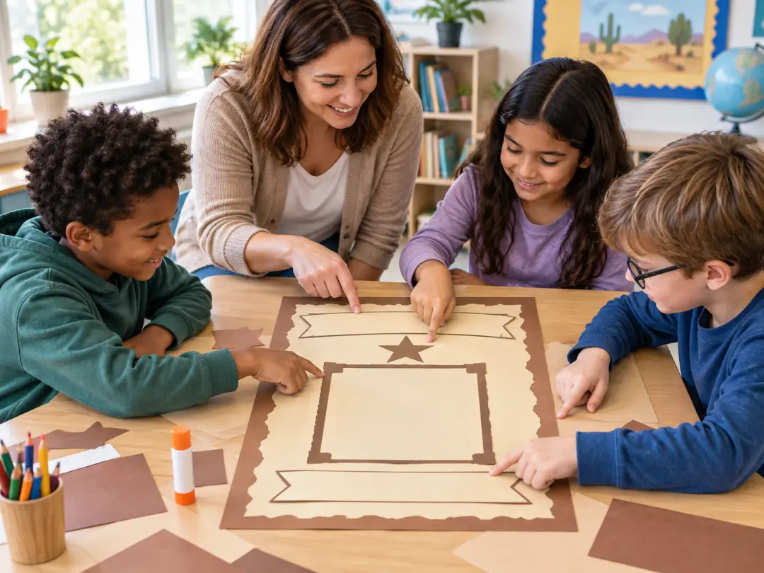 Teacher helping students create a blank western poster for a classroom activity