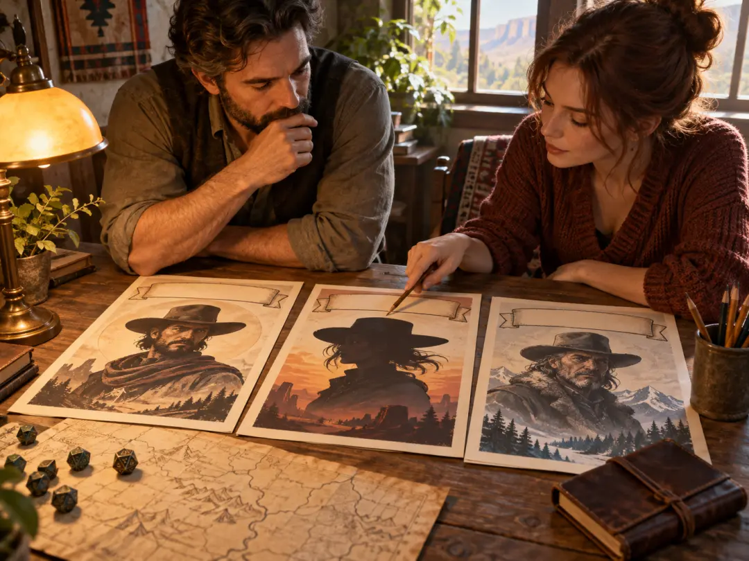 Writers and game masters reviewing blank western character poster concepts