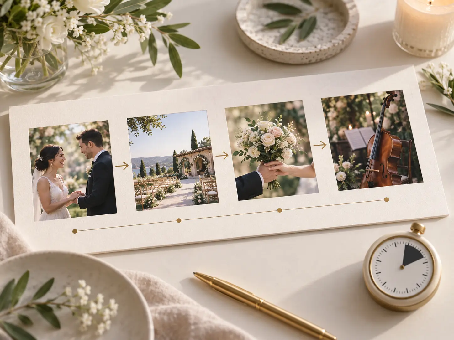 Wedding invitation storyboard showing an opening, event detail, closing line, and music cue