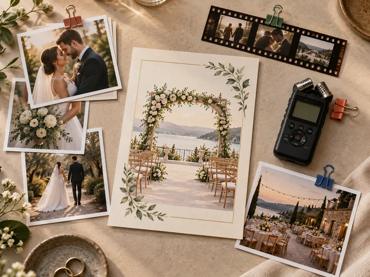Couple photo, venue clip, and audio reference arranged for distinct invitation scene roles