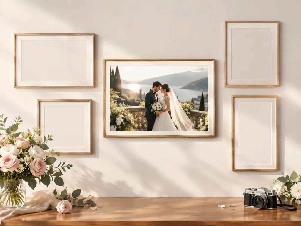 Finished wedding invitation film represented in landscape, portrait, square, and tall frames