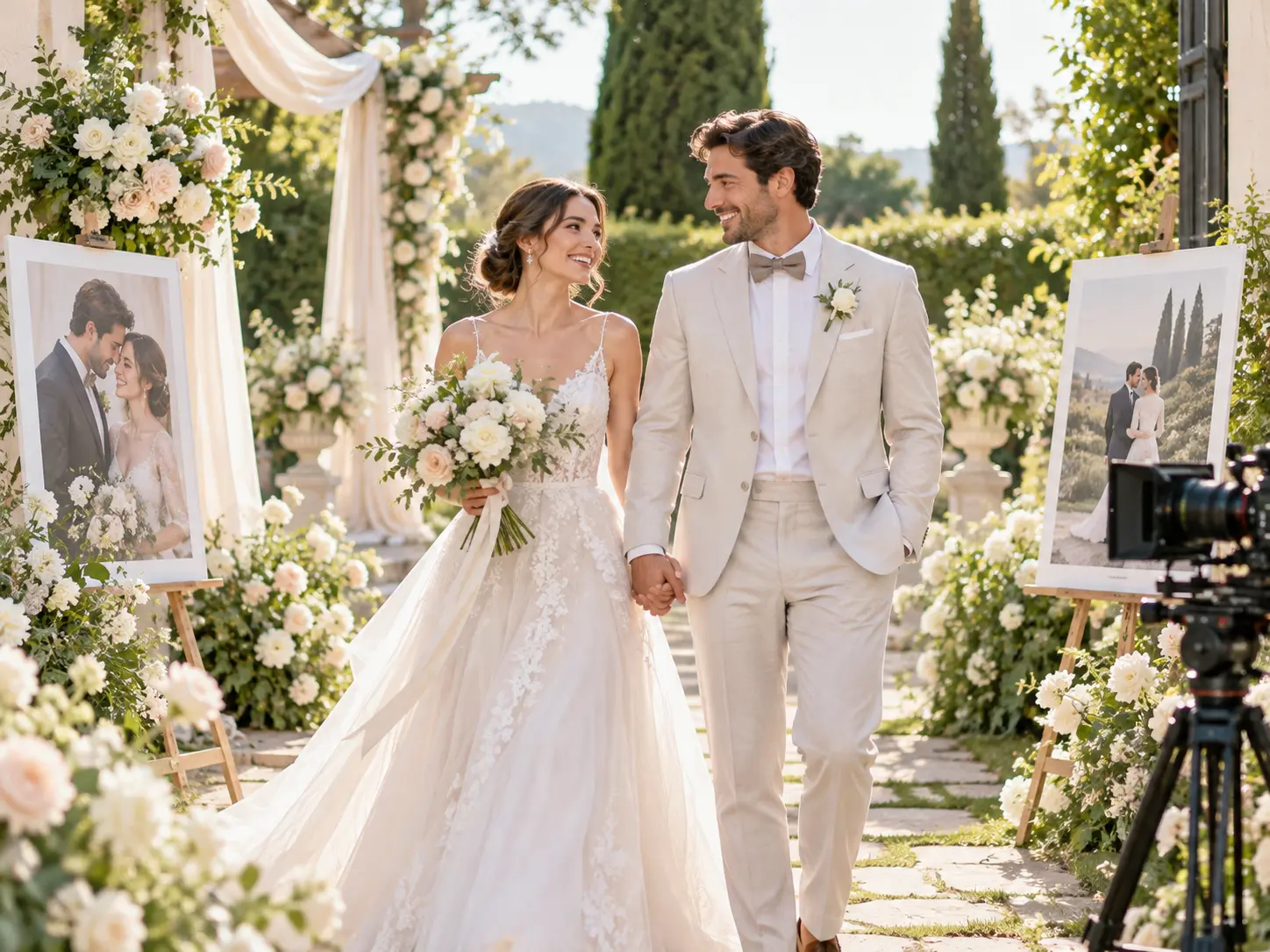 Couple and wedding venue arranged as a bright invitation video scene