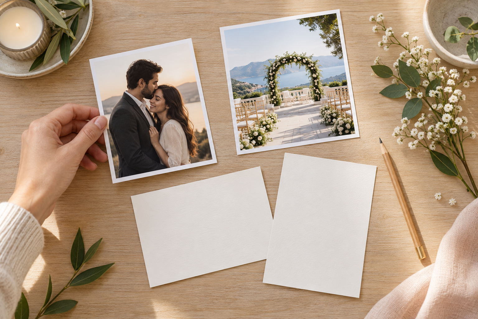 Wedding brief materials with couple photos, venue references, and blank scene cards