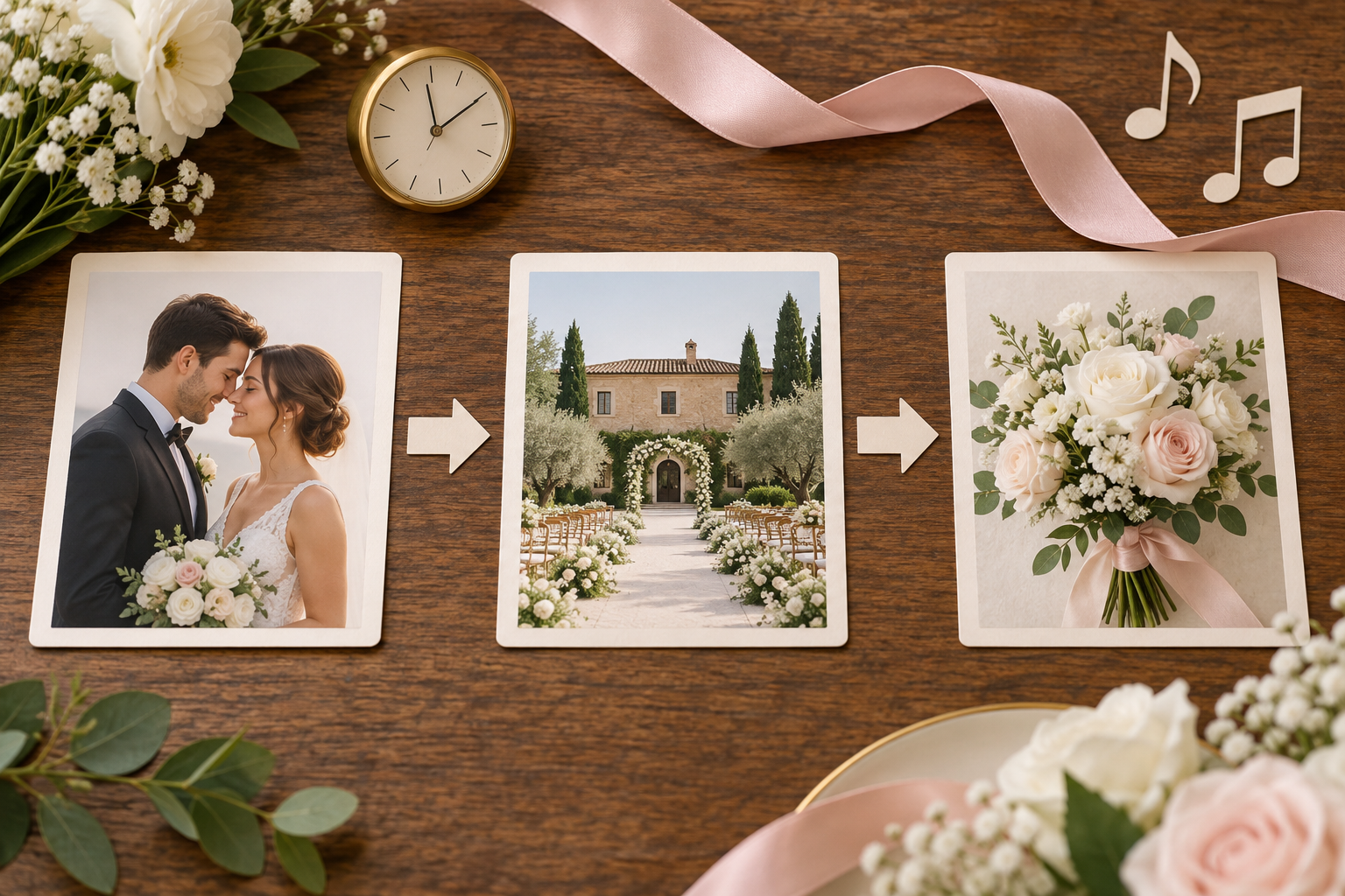 Wedding invitation scene cards arranged in a timed sequence with a venue and music references