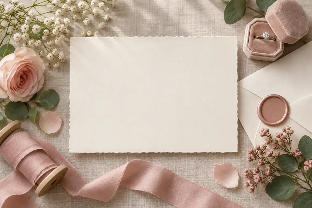 Elegant wedding card materials with paper, ribbon, flowers, and a calm motion-ready arrangement