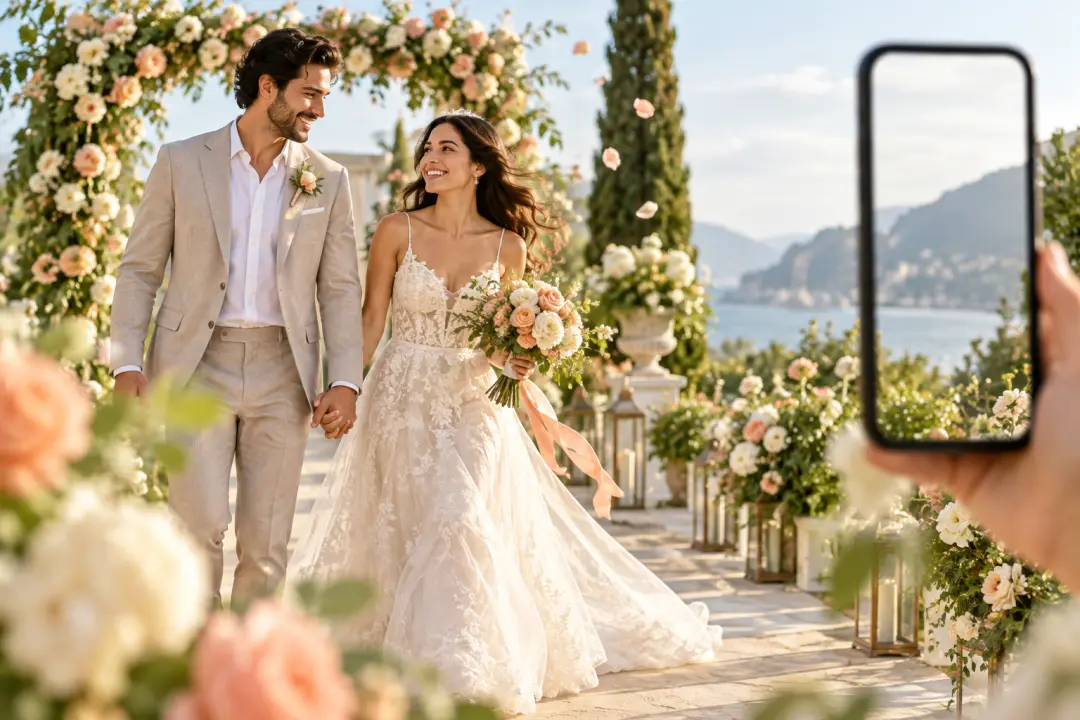 Shareable wedding video invitation concept with a couple portrait, venue, and mobile-friendly framing