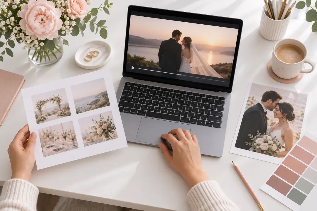 Wedding invitation video draft being reviewed with a couple portrait, scene cards, and revision notes