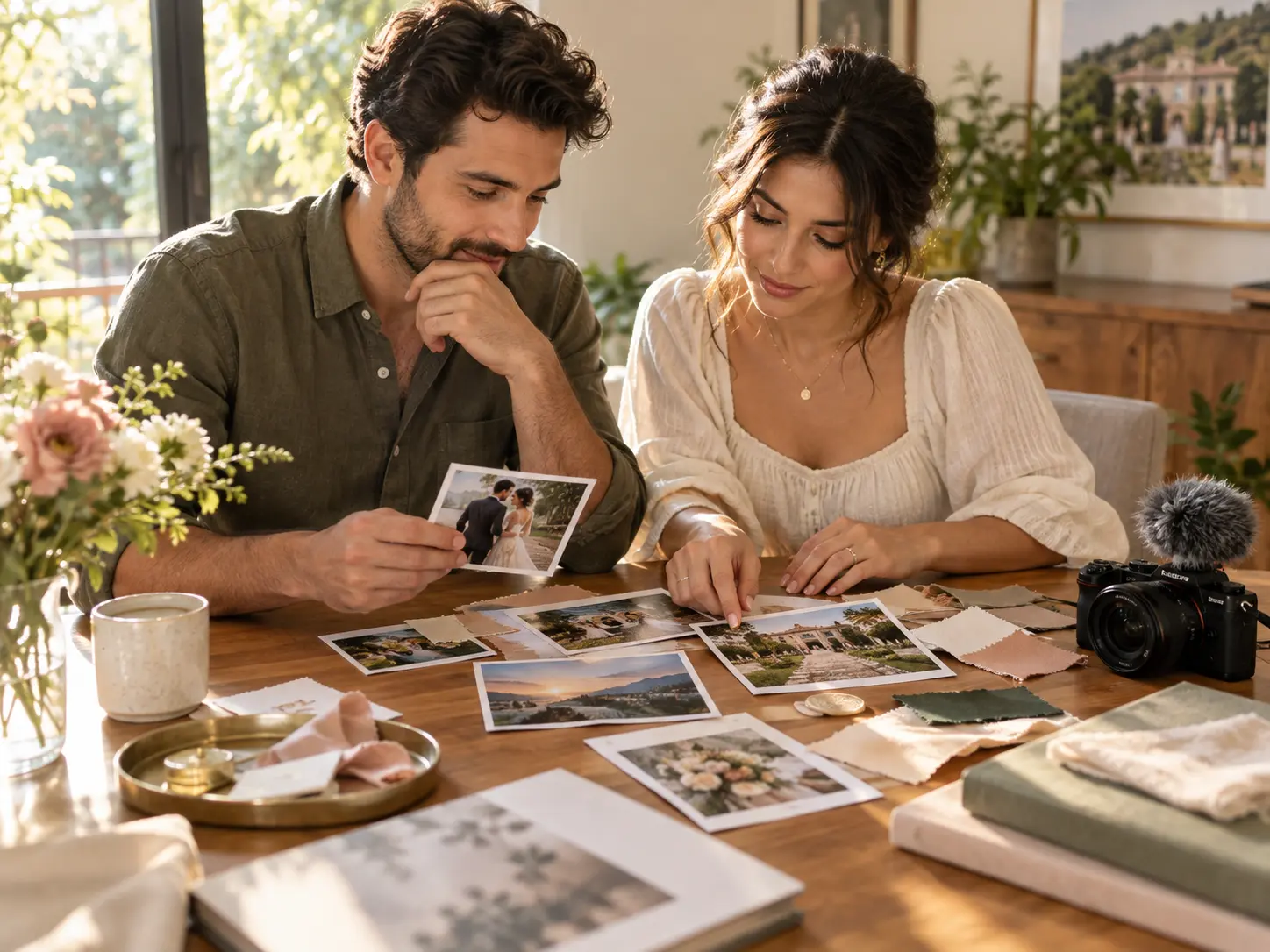 Couple arranging photos, date wording, and music references for a wedding video invite
