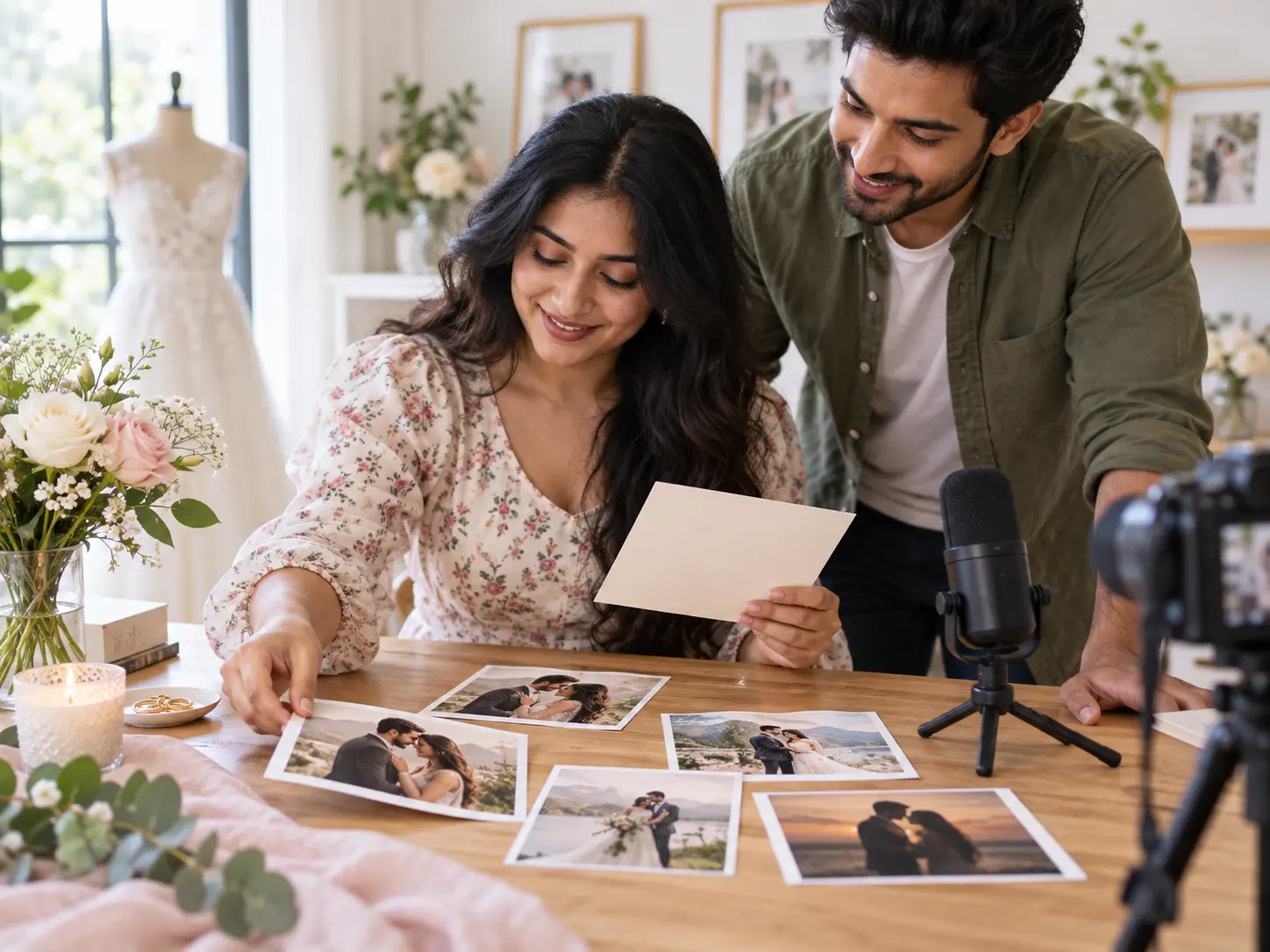 Friend preparing couple photos and a short invitation message for export