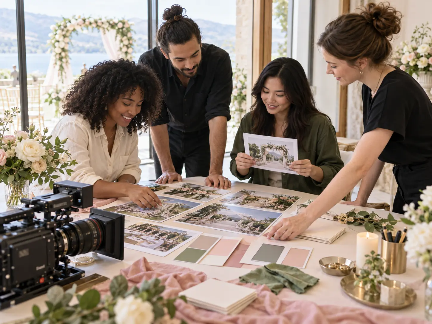 Event team arranging venue photos, ratio references, and cleared delivery assets