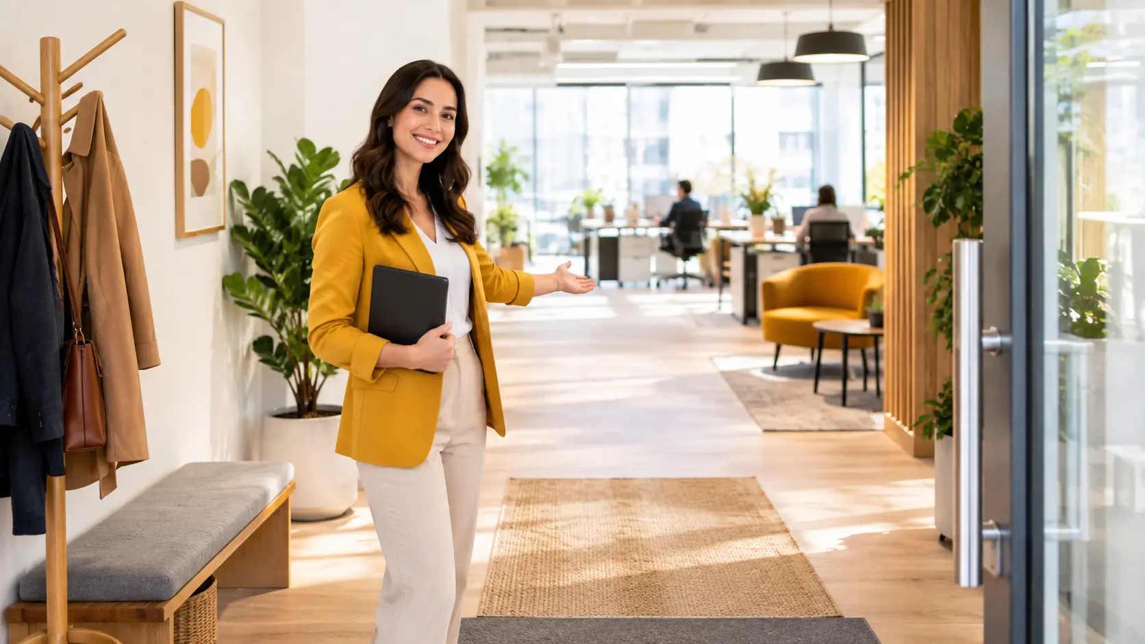 New employee welcome scene in a bright workplace with a first-day greeting