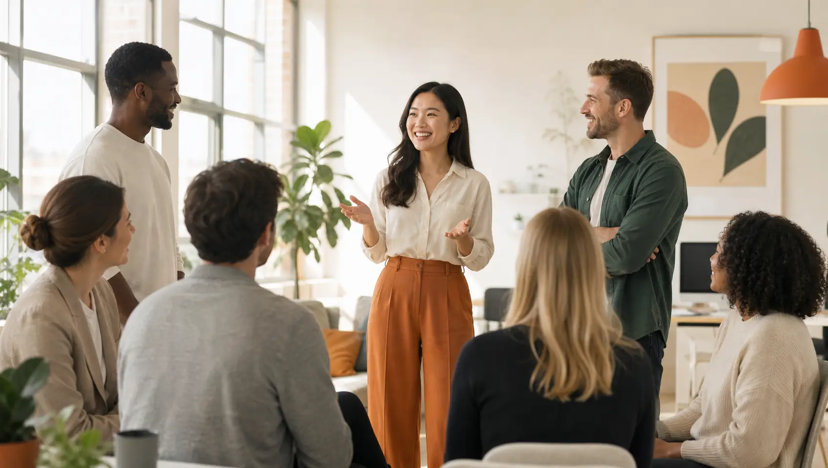 Employee introduction video scene with team roles and a warm presenter