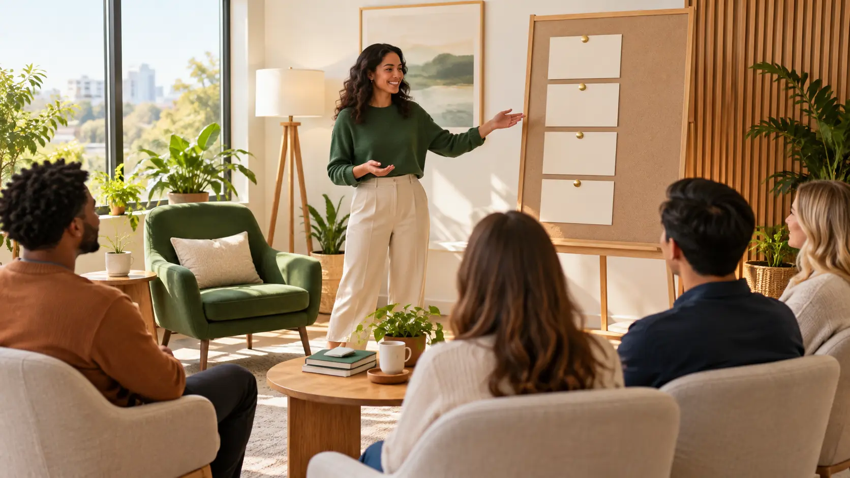 New hire orientation opening with a greeting and a simple agenda scene