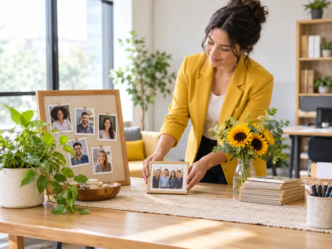 HR manager planning a warm employee welcome video with team references